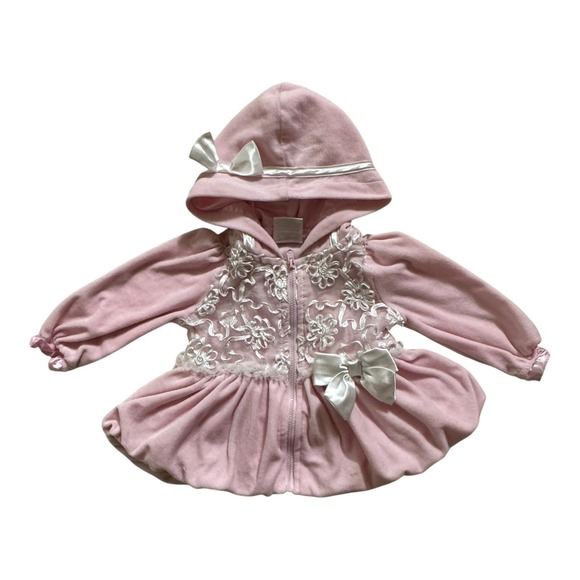 Nannette Velour Baby Girl Hooded Jacket Floral Bows Pink Coat Size‎ 12 Months - Picture 1 of 7